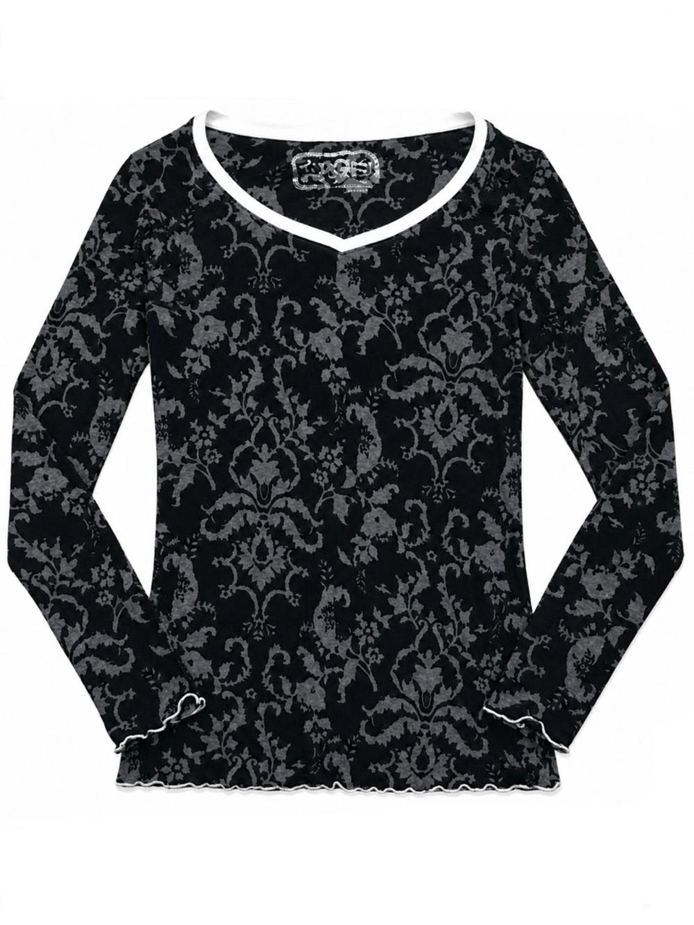 Erge Black & White Fleur De Lis Floral Flower Long Sleeve Shirt Blouse Tee Sz S